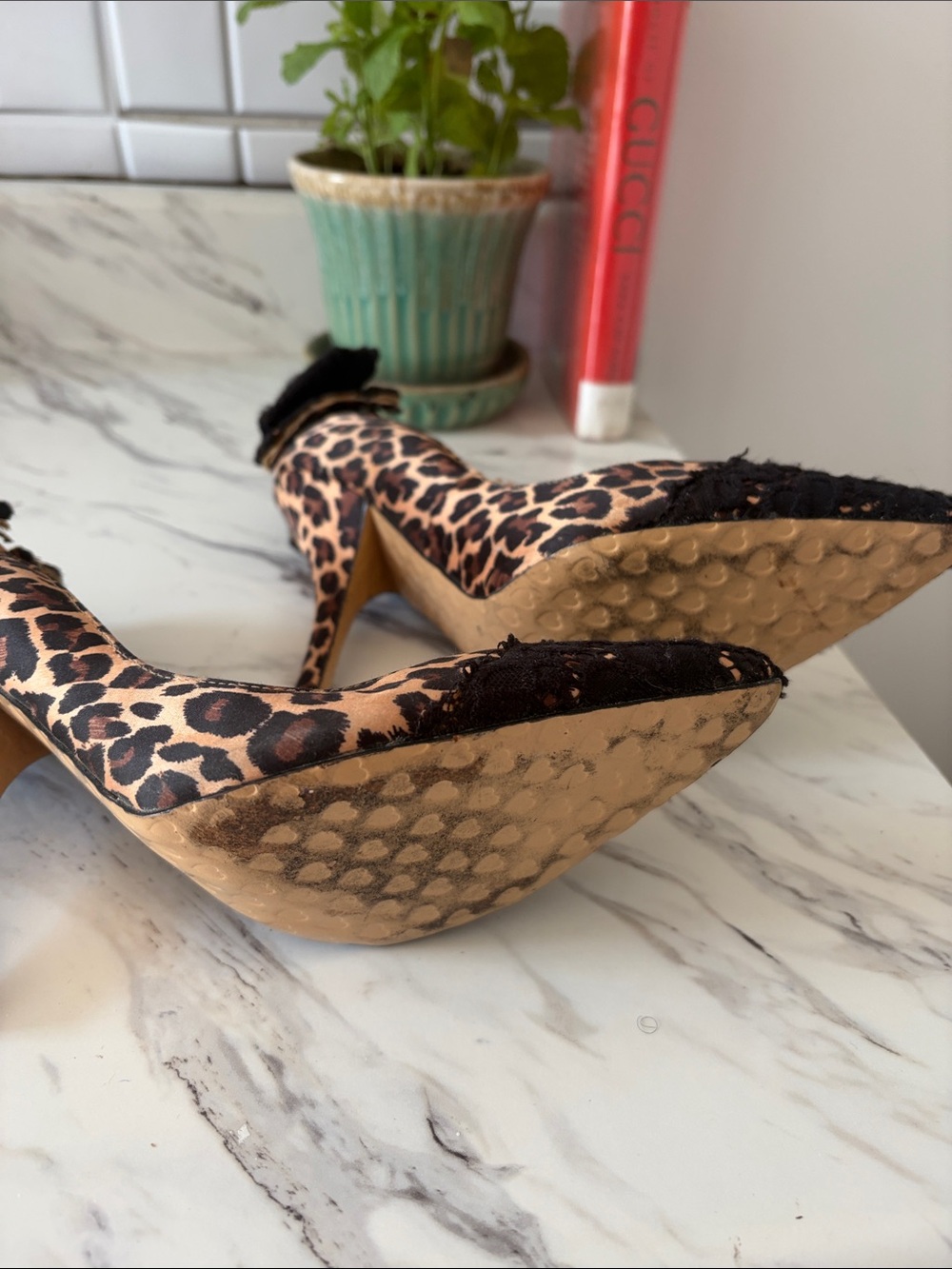 Betsey Johnson Leopard Print Pointed Heels with Black Lace Accent - Picture 3 of 3